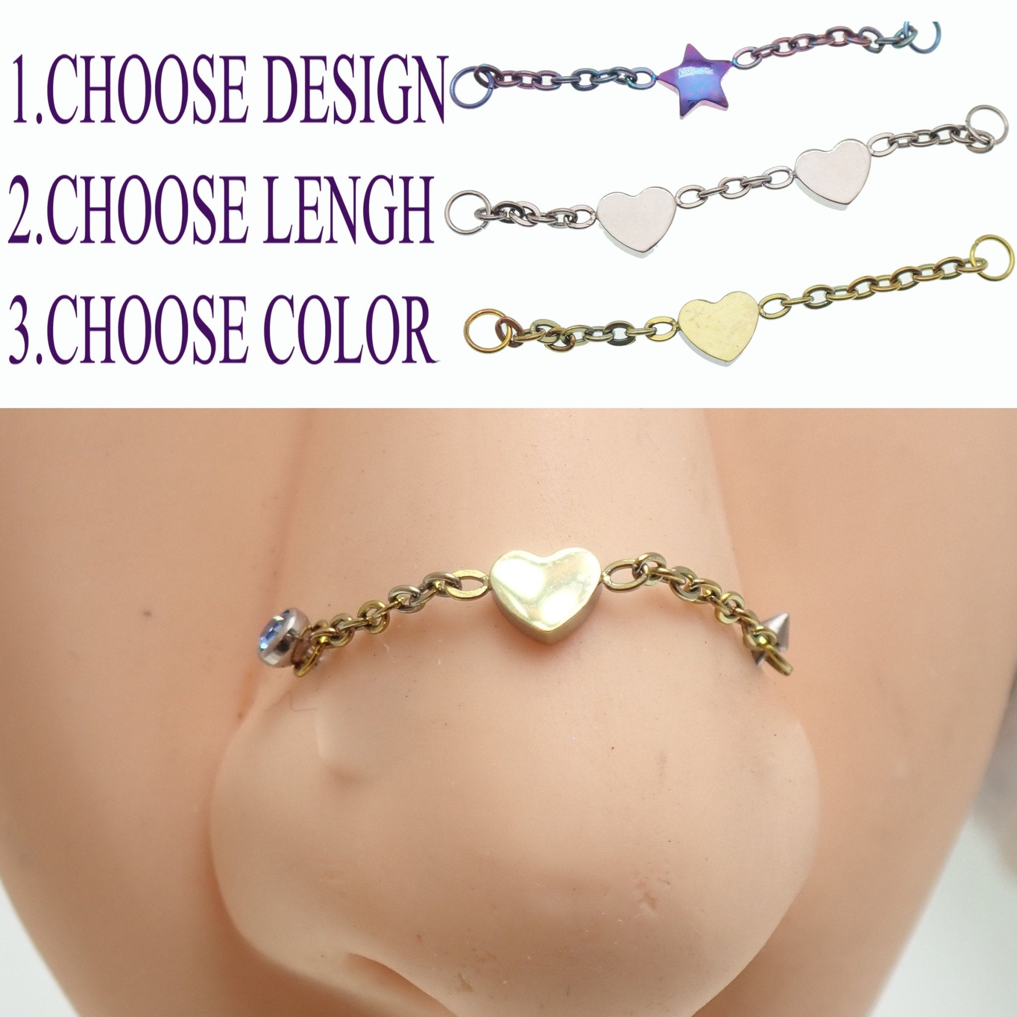 Titanium body jewelry chain with a heart design by Body Clickers, suitable for various piercings, 30mm length.