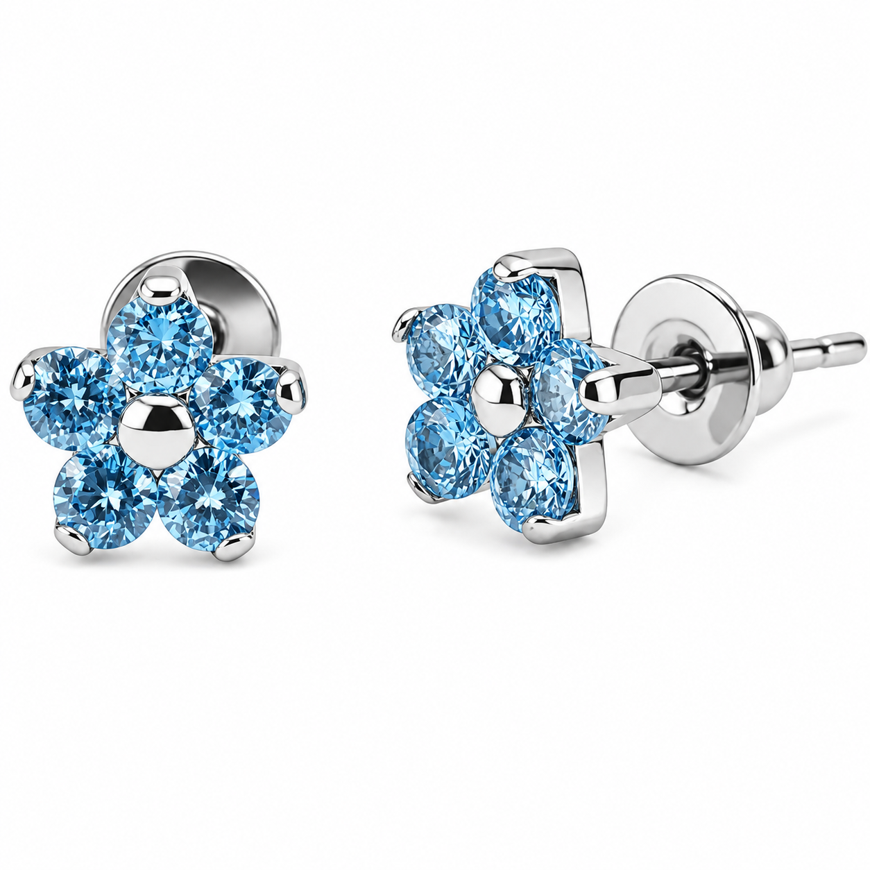 Titanium flower-shaped CZ aqua blue stud earrings by Body Clickers Body Jewelry, 20g implant-grade body jewelry.