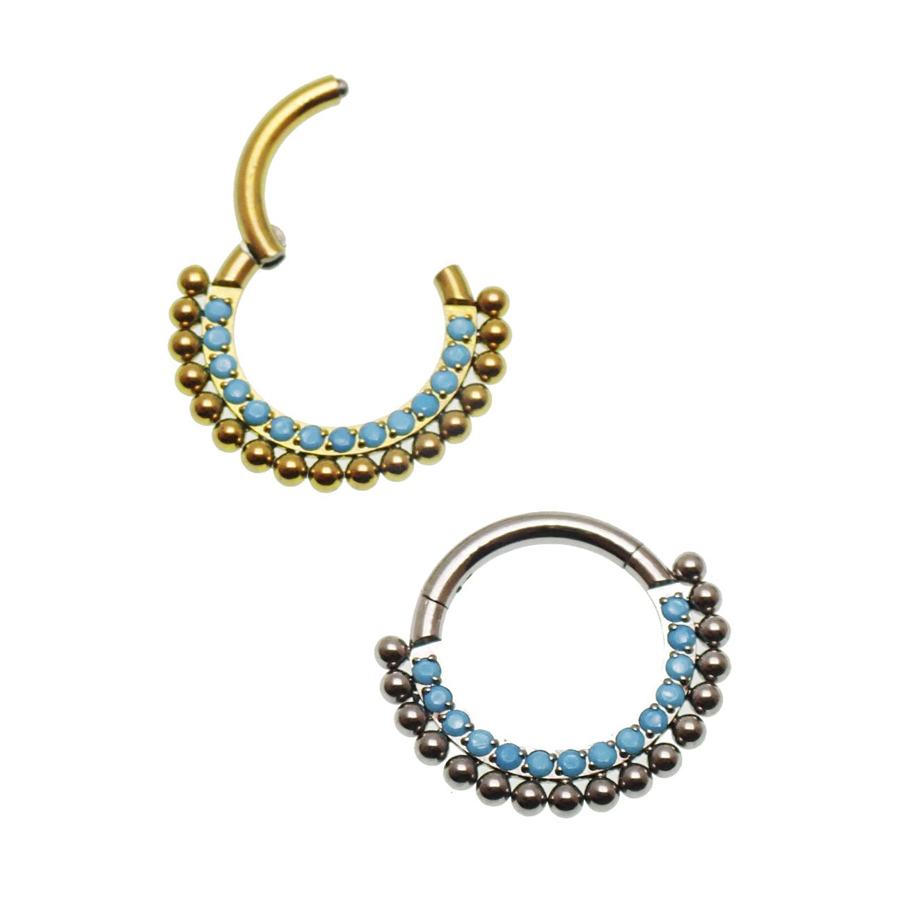16g turquoise titanium clicker ring with 8mm diameter, designed for daith or septum piercing, from Body Clickers Body Jewelry
