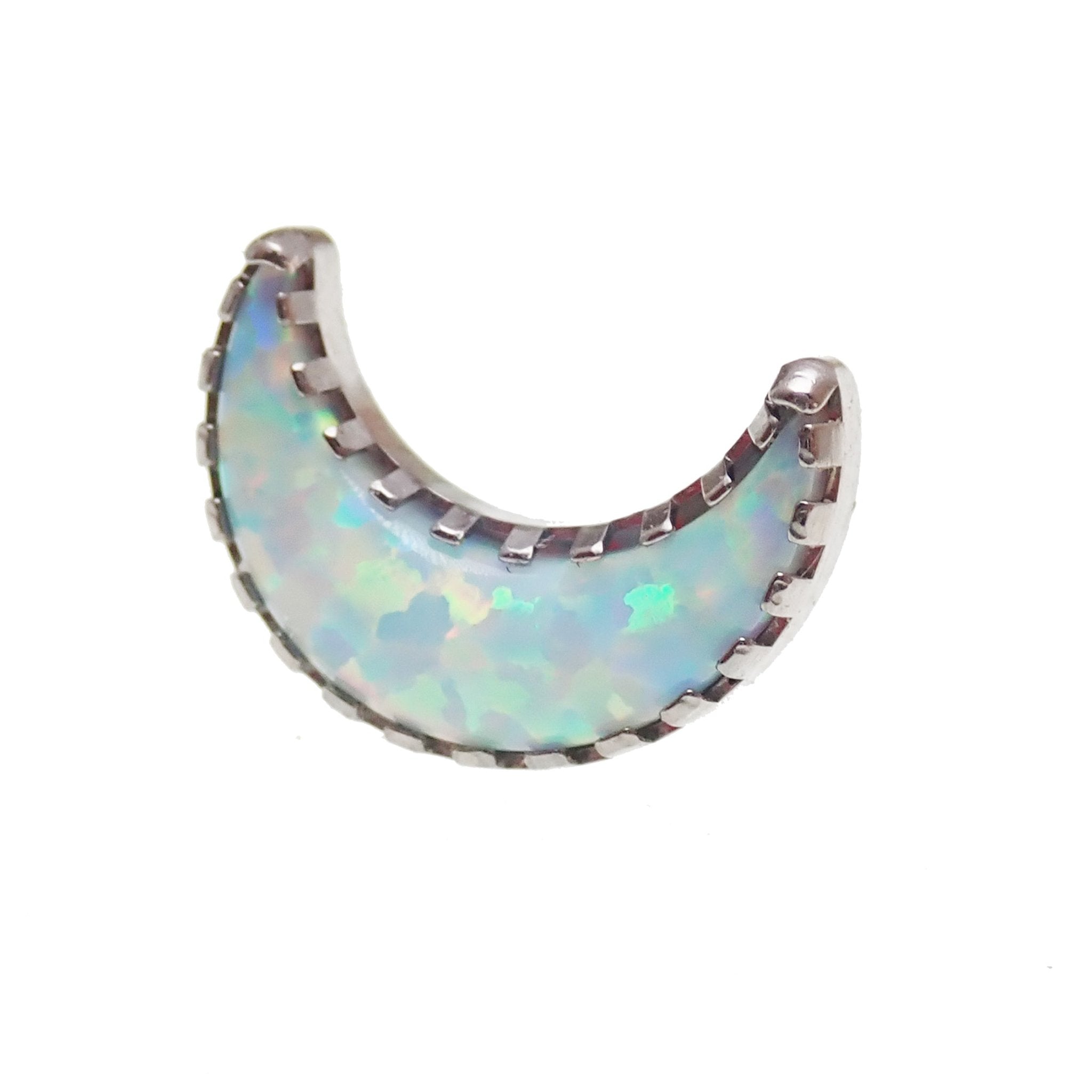 Body Clickers opal moon push fit flatback titanium body jewelry in 14g to 20g with white opal moon design and 6mm diameter.