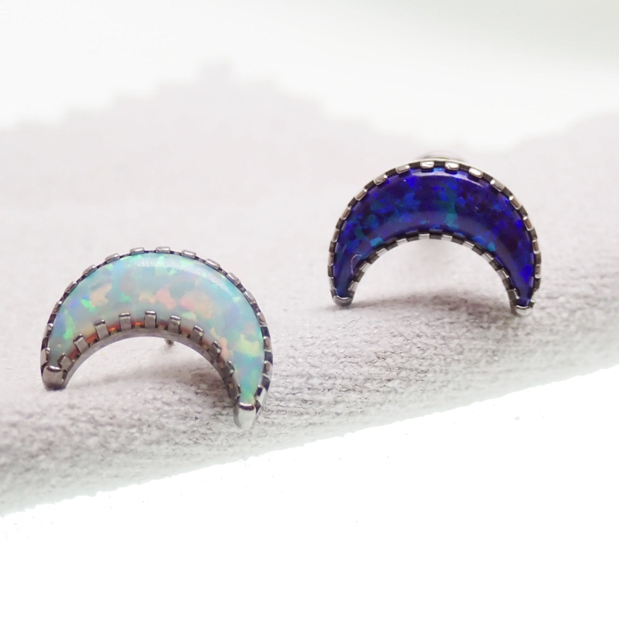 Opal Moon Push Fit Flatback Titanium Body Jewelry in 14g to 20g sizes, featuring a white opal moon design and flatback style.