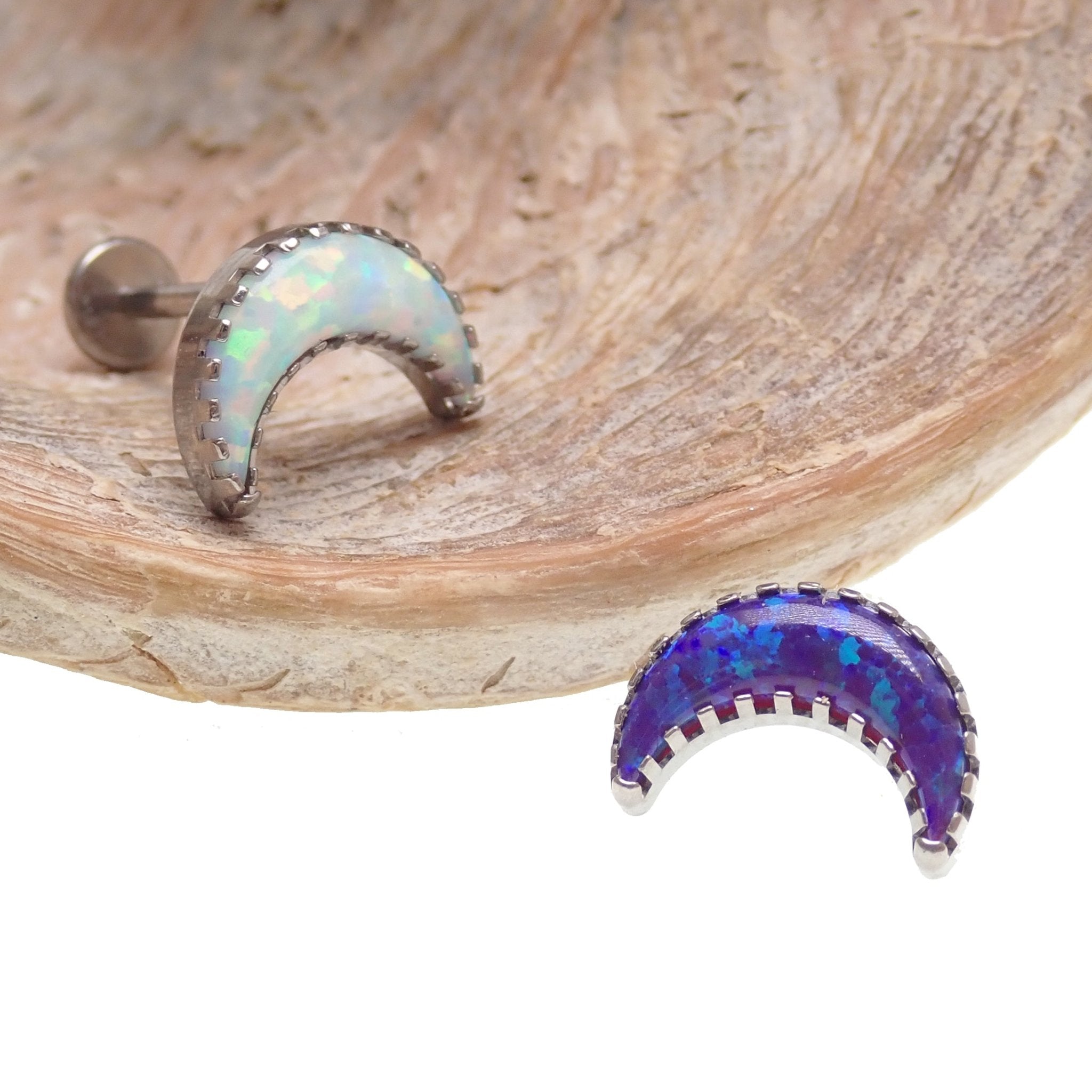 Body Clickers opal moon push fit flatback titanium body jewelry in 14g to 20g with white opal and 6mm size.