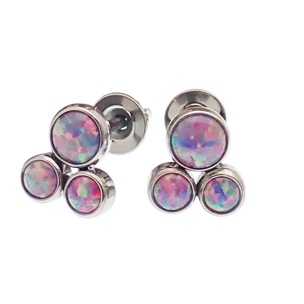 Pair of Body Clickers Titanium Implant Earrings with Trinity Fire Opal and white opal accents, 20g gauge, for pierced ears.