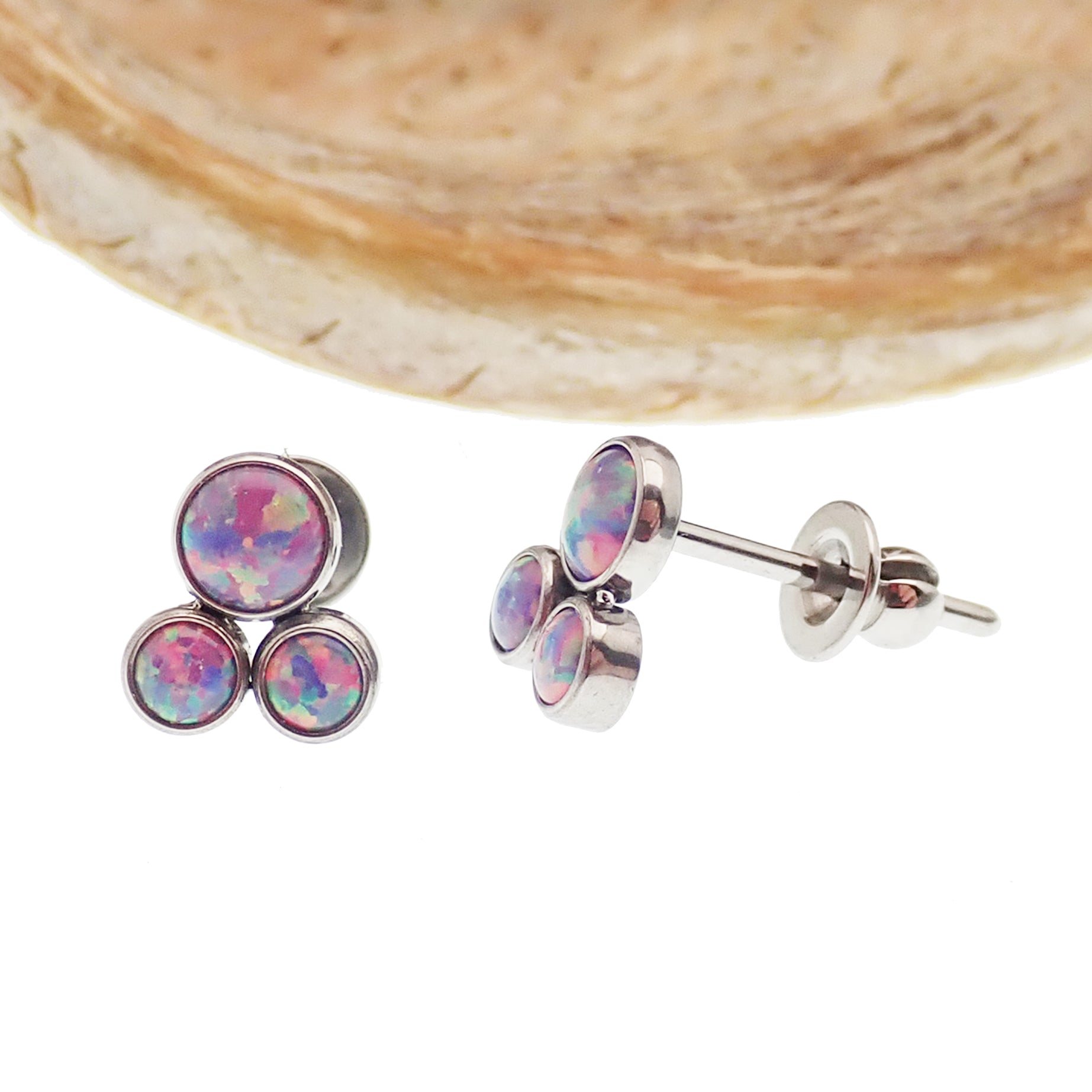 Pair of Body Clickers Titanium Trinity Fire Opal earrings with white opal accents, 20g implant grade jewelry for piercings.