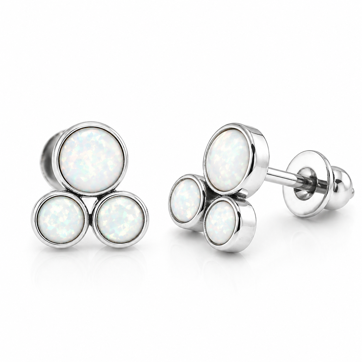 Pair of Body Clickers Implant Titanium Trinity Fire Opal Earrings with white opal and 20g gauge for pierced ears.