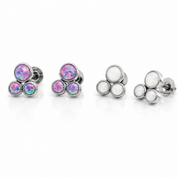 Pair of Body Clickers titanium implant earrings with white opal Trinity Fire design, 20g gauge, for pierced ears.