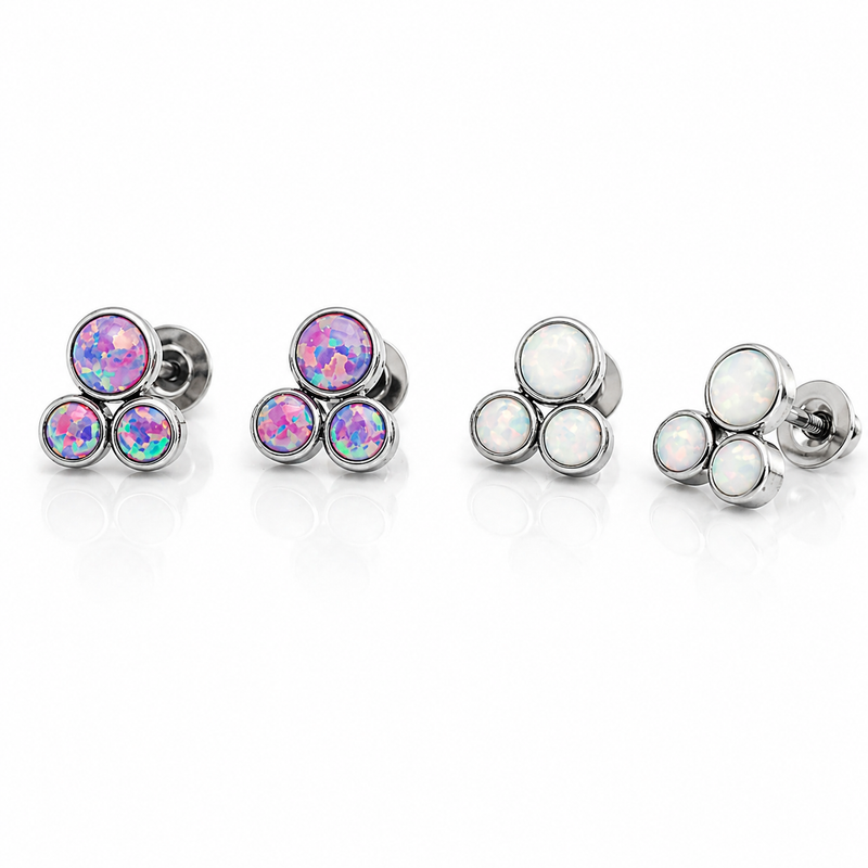 Pair of Body Clickers titanium implant earrings with white opal Trinity Fire design, 20g gauge, for pierced ears.