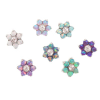 Flower Fire Opals flatback piercing by Body Clickers, 18g, 6mm flower-shaped gemstone body jewelry.