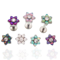 Flower Fire Opals flatback piercing by Body Clickers, 18g gauge with 6mm flower-shaped fire opal stones in a sleek body jewelry design.