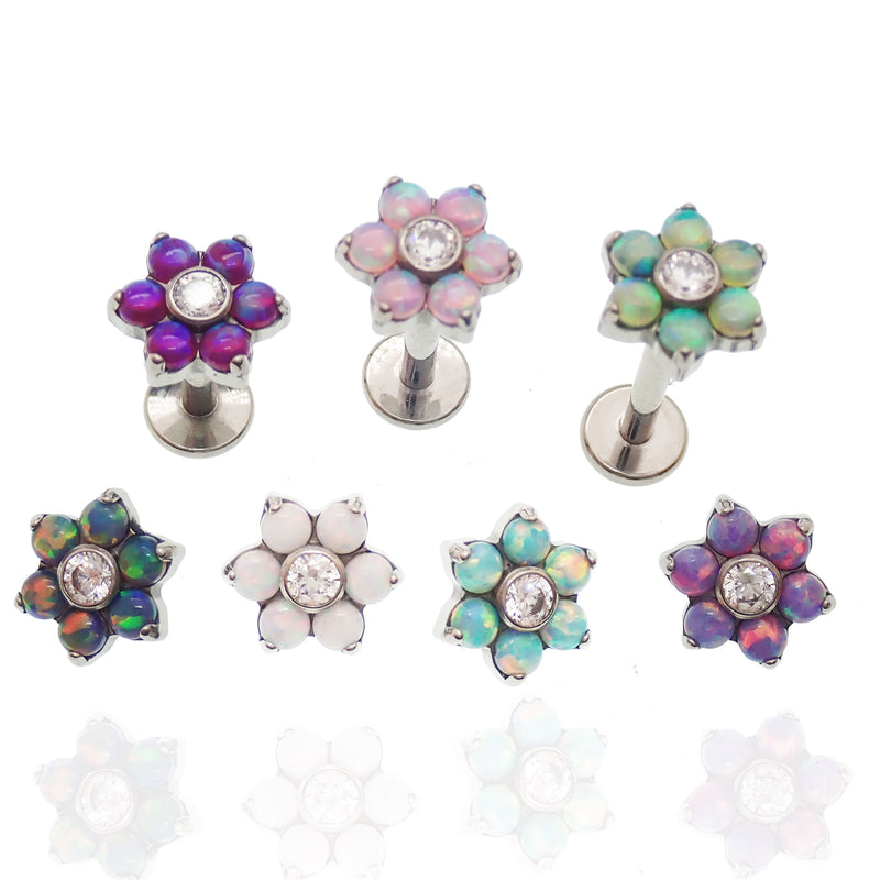 Flower Fire Opals flatback piercing by Body Clickers, 18g gauge with 6mm flower-shaped fire opal stones in a sleek body jewelry design.