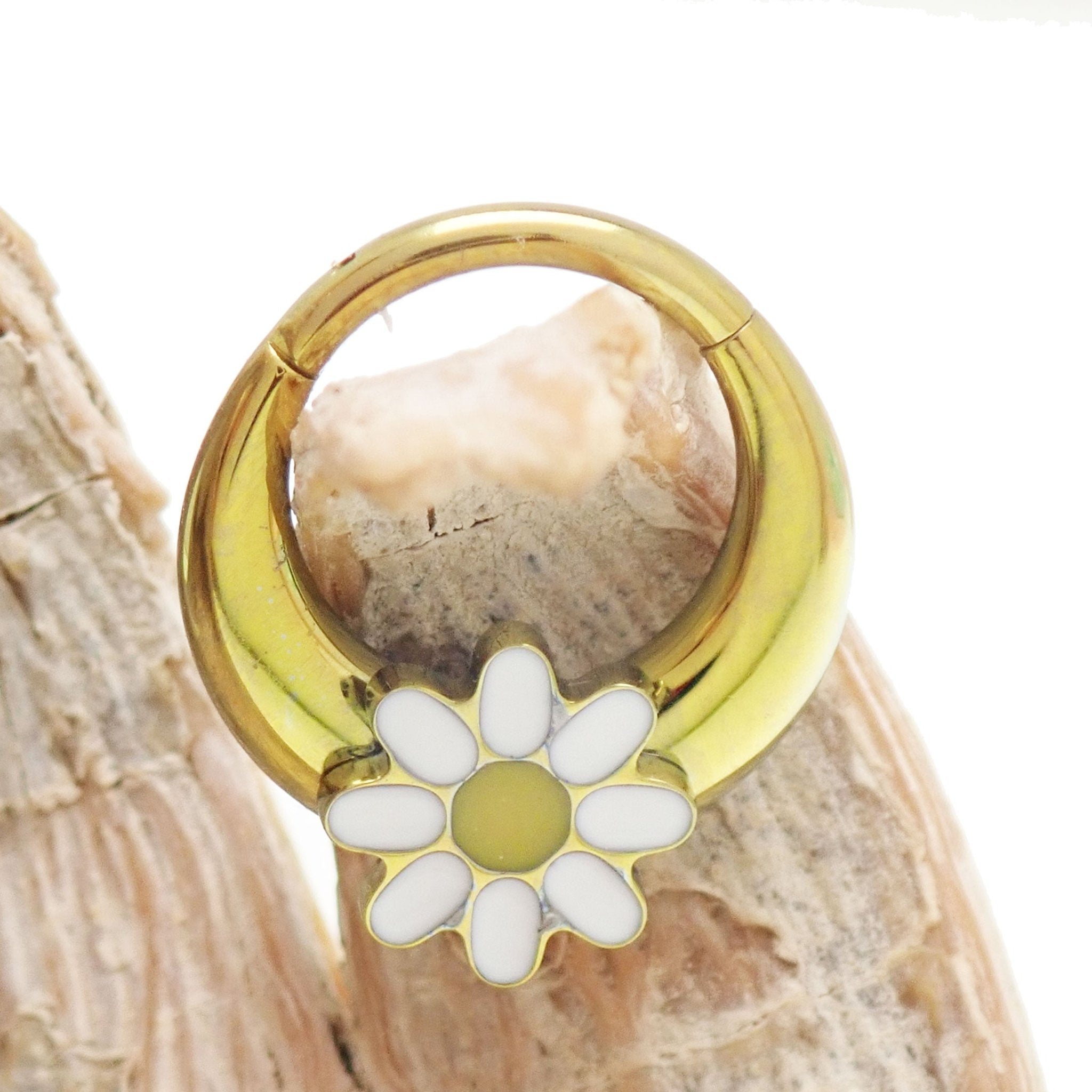 Gold Daisy Implant Titanium Septum Piercing clicker by Body Clickers, 16g, 8mm with anodized daisy design.