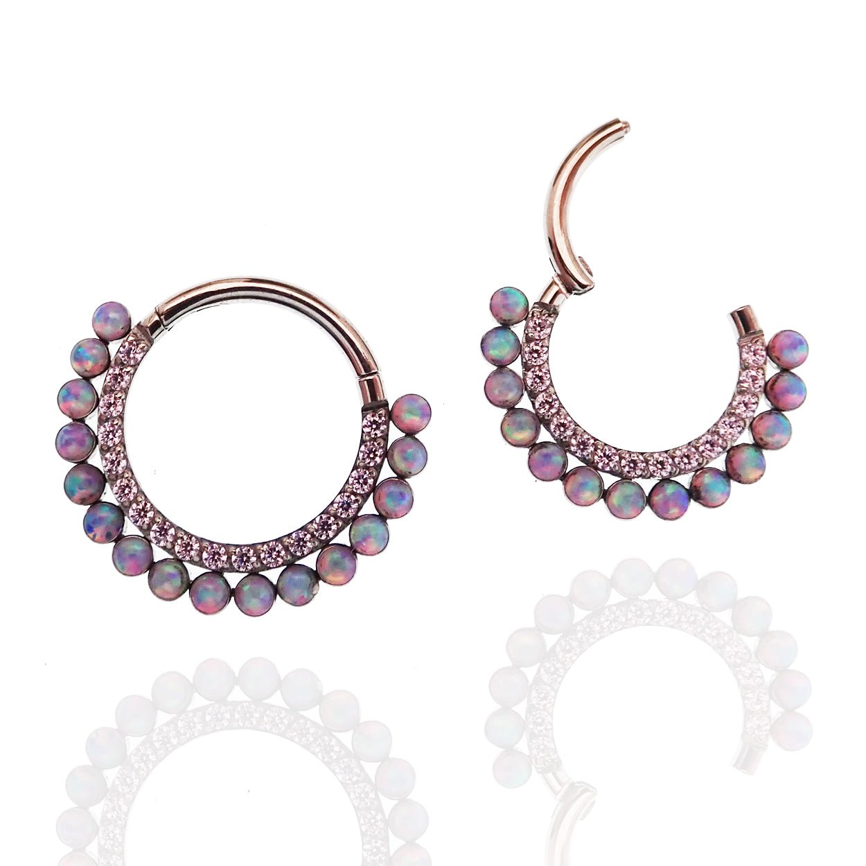 Titanium clicker with Bubblegum Opal and Pink CZ stones, 16g Body Clickers piercing jewelry for body jewelry.