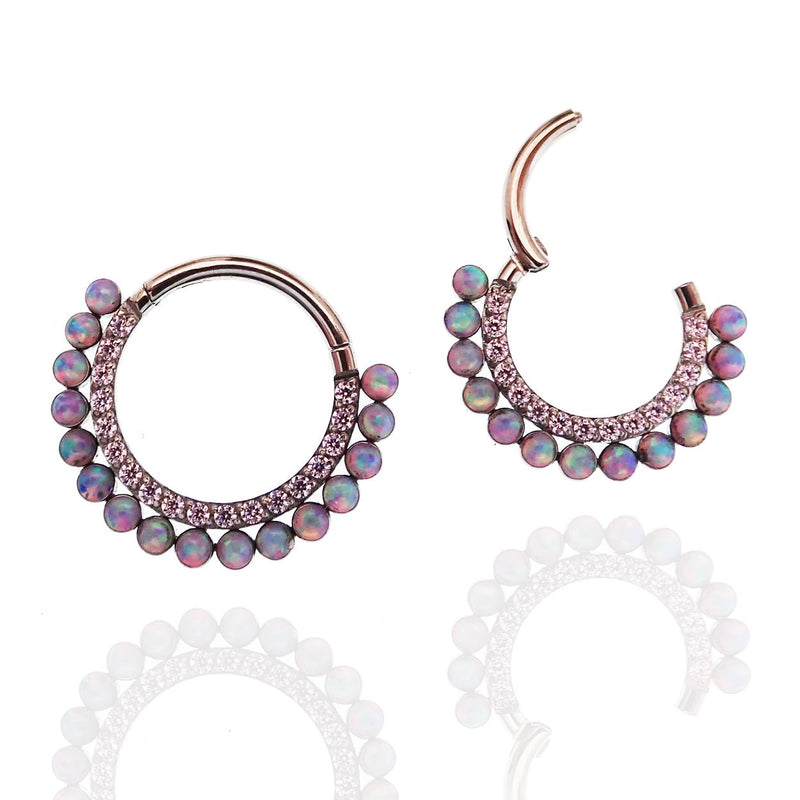 Titanium clicker with Bubblegum Opal and Pink CZ stones, 16g Body Clickers piercing jewelry for body jewelry.