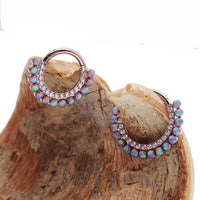 Titanium clicker piercing jewelry with bubblegum opal and pink CZ stones, 16g Body Clickers body piercing accessory.