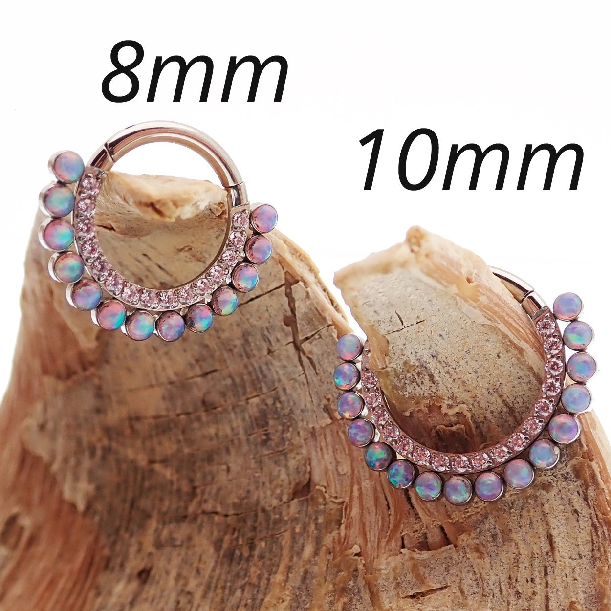 Titanium clicker with bubblegum opal and pink CZ stones, 16g body piercing jewelry from Body Clickers with 8mm diameter