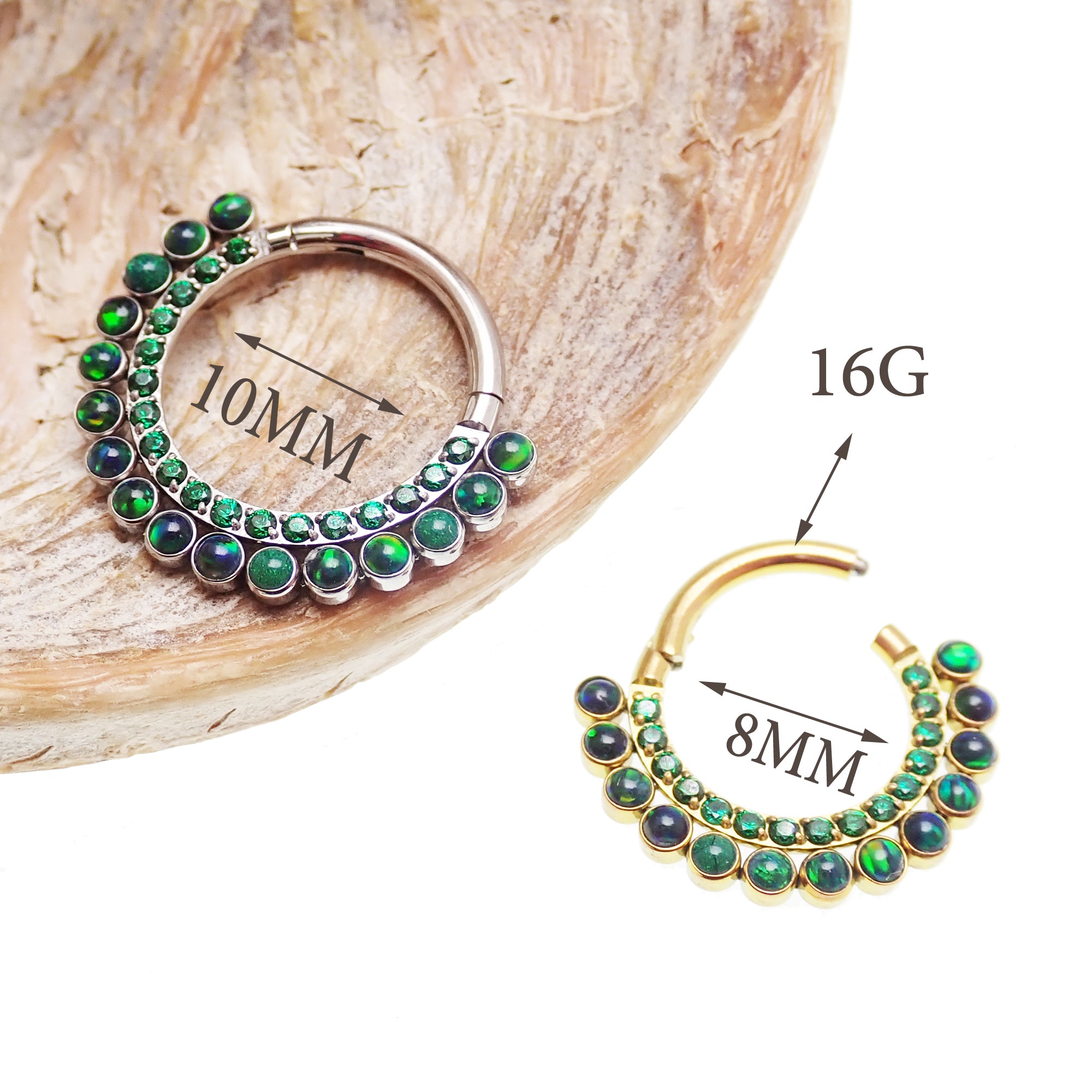 Galaxy Fire Opal and Emerald CZ titanium clicker earring, 16g body jewelry with 8mm stones from Body Clickers