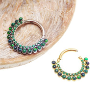 Galaxy Fire Opal and Emerald CZ titanium clicker earring, 16g body jewelry with 8mm design by Body Clickers.