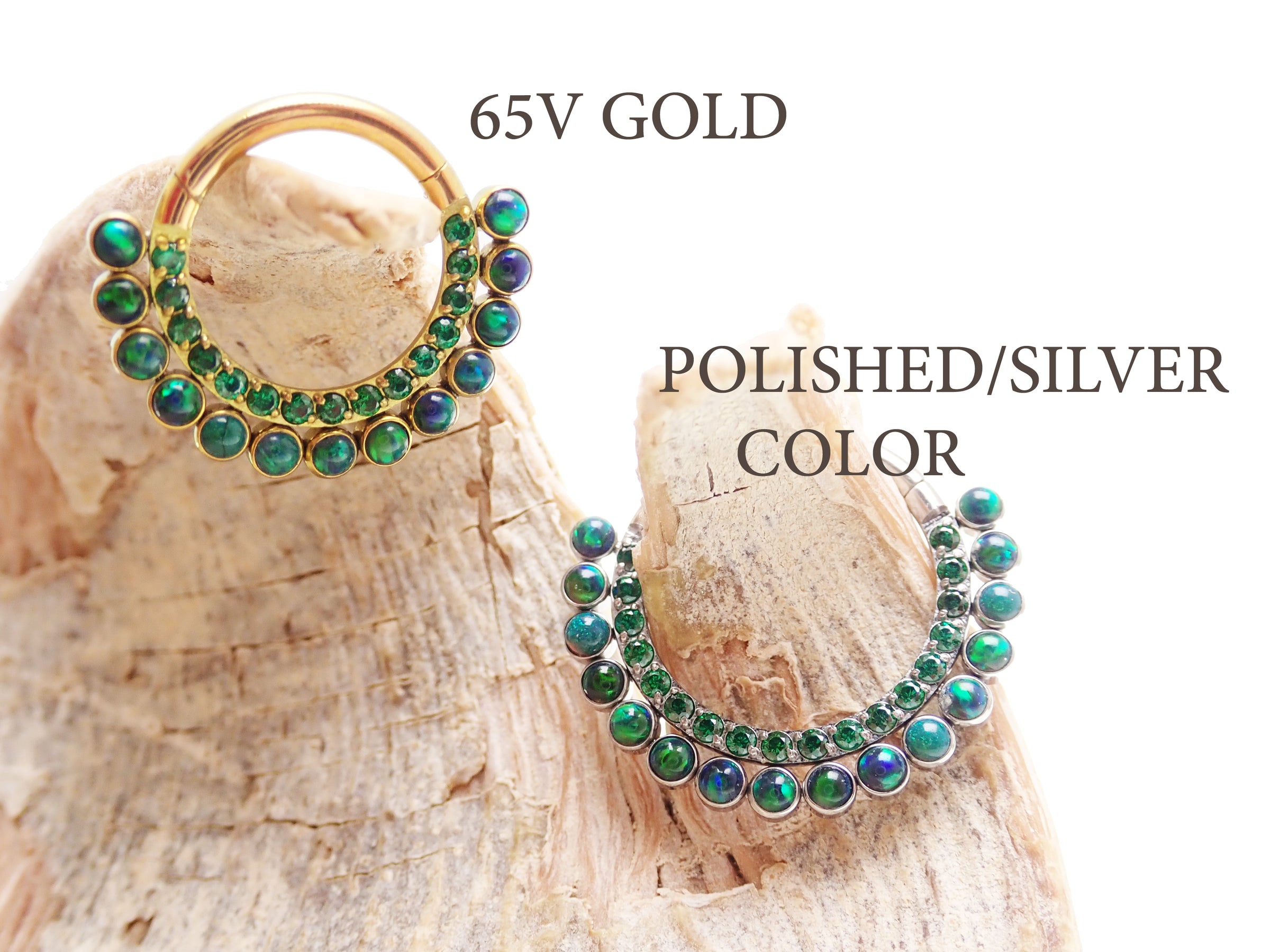 Galaxy Fire Opal and Emerald CZ titanium clicker earring, Body Clickers 16g body jewelry with 8mm design.