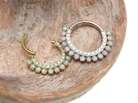 Opalite Peach and CZ titanium clicker piercing jewelry, 16g, featuring an 8mm opalite stone and decorative cubic zirconia accents.