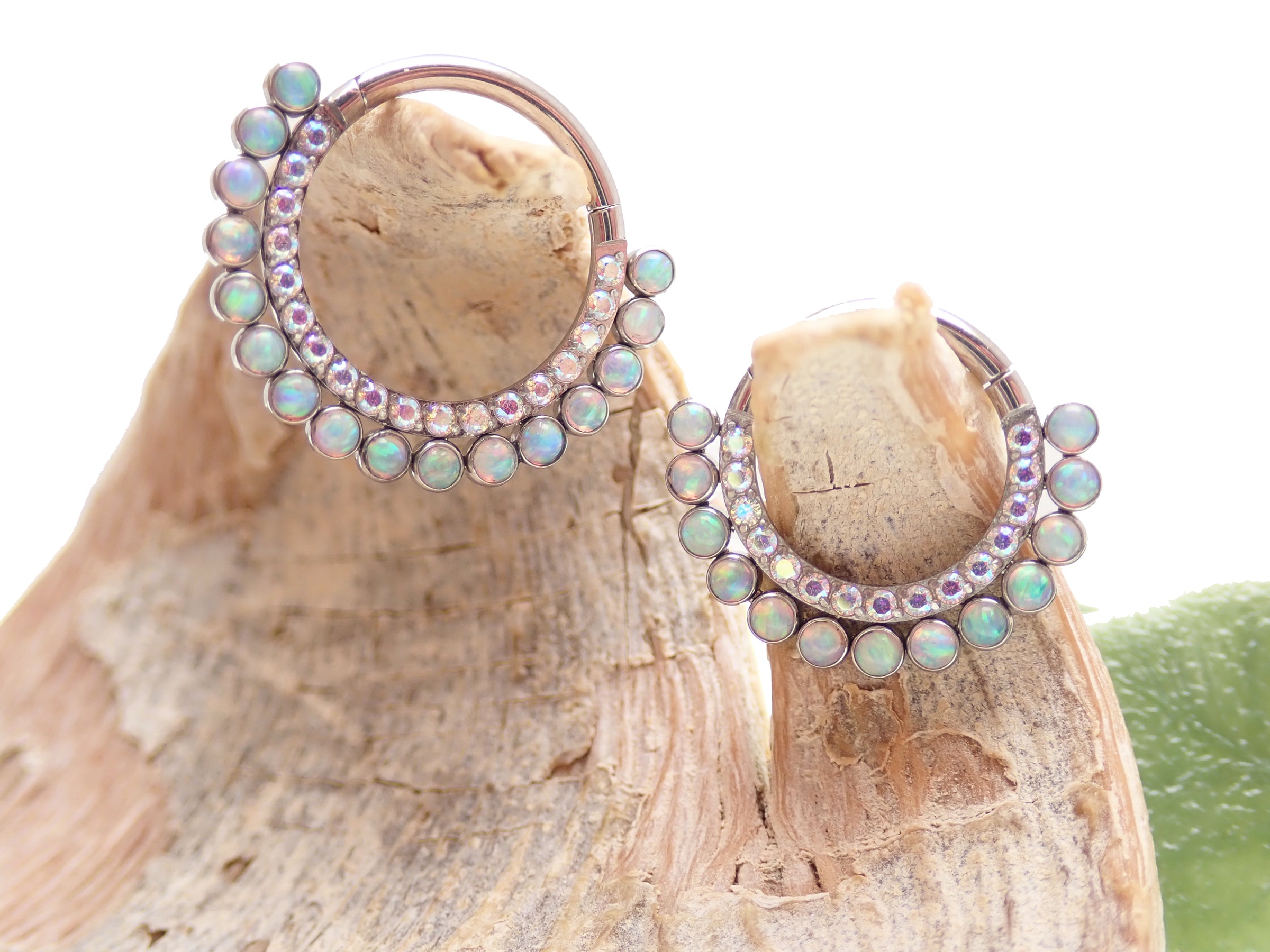 Opalite peach and cubic zirconia titanium clicker earring in 16g body jewelry with a sleek, polished design.