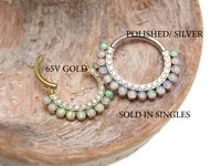 Opalite peach and CZ titanium clicker 16g body jewelry with 8mm colorful gemstone and decorative accents.