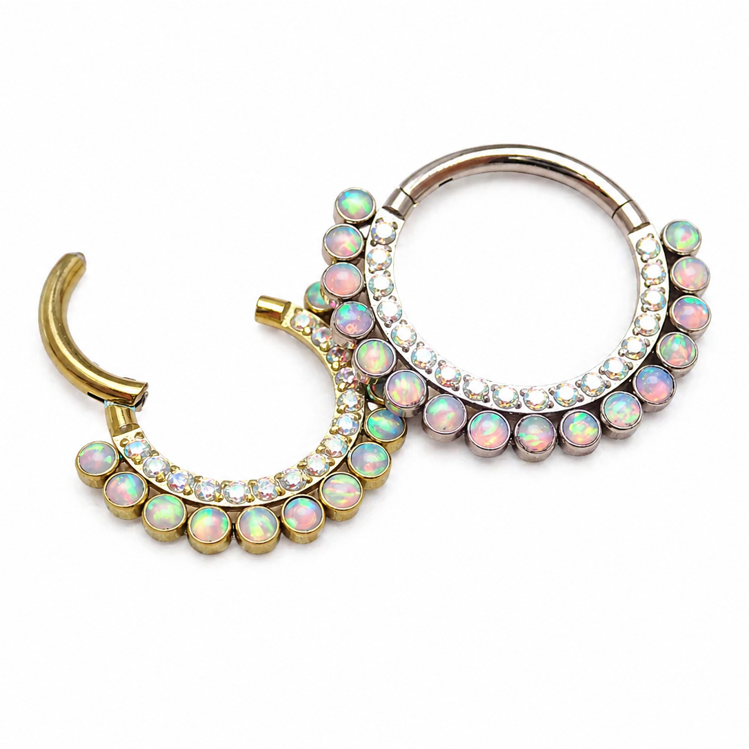Opalite peach and CZ titanium clicker earring, 16g, body jewelry with sparkling stones and smooth titanium finish.