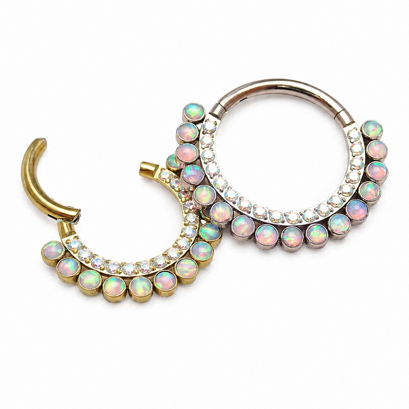 Opalite peach and CZ titanium clicker earring, 16g, body jewelry with sparkling stones and smooth titanium finish.