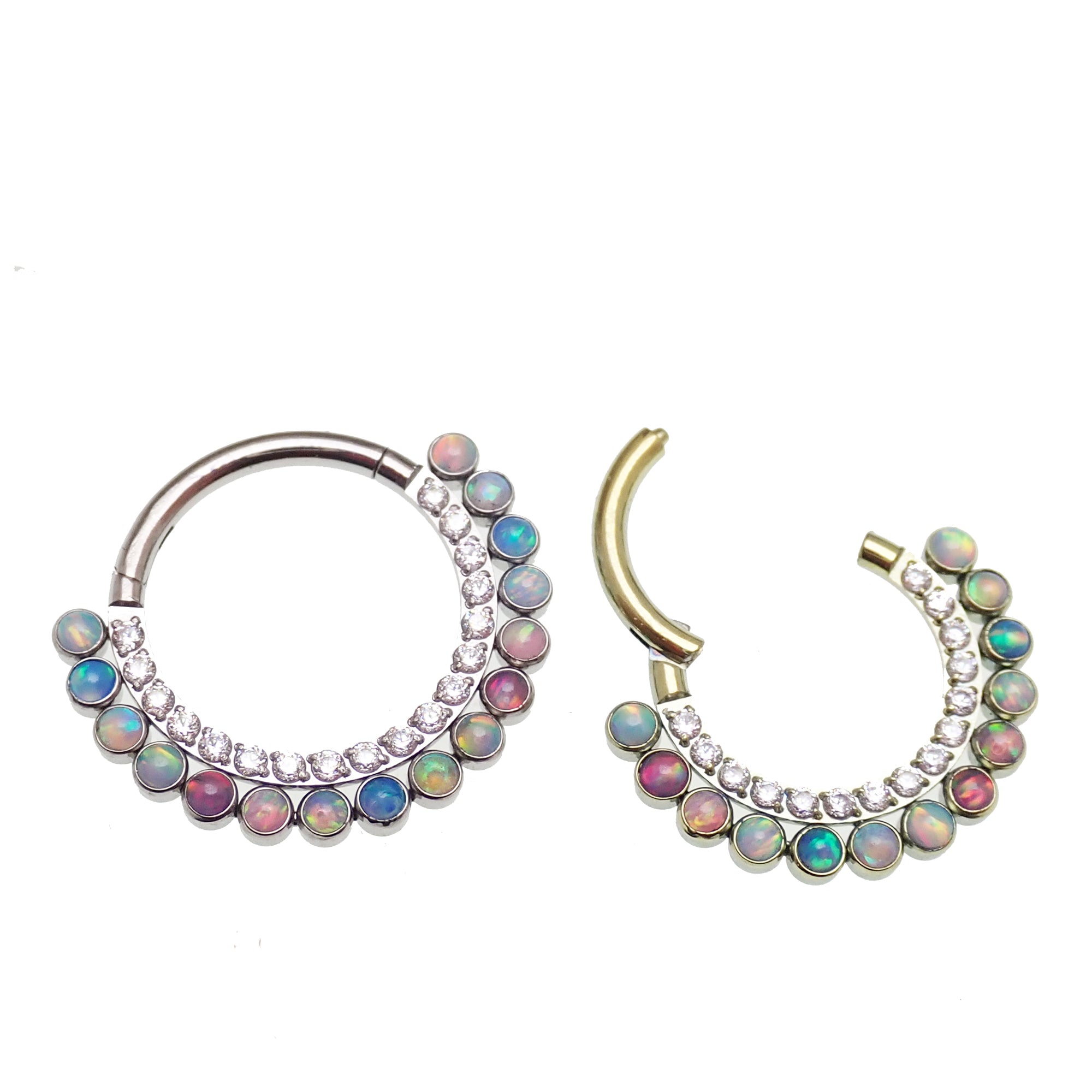 Pastel multi-color opal and CZ titanium clicker earring in 16g body jewelry with an 8mm diameter from Body Clickers.