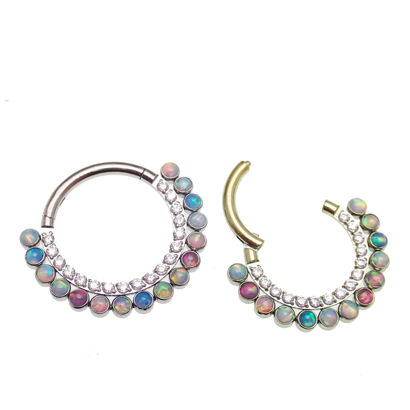 Pastel multi-color opal and CZ titanium clicker earring in 16g body jewelry with an 8mm diameter from Body Clickers.
