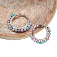 Pastel multi-color opal and CZ titanium clicker earring in 16g with an 8mm diameter, designed for body piercing.
