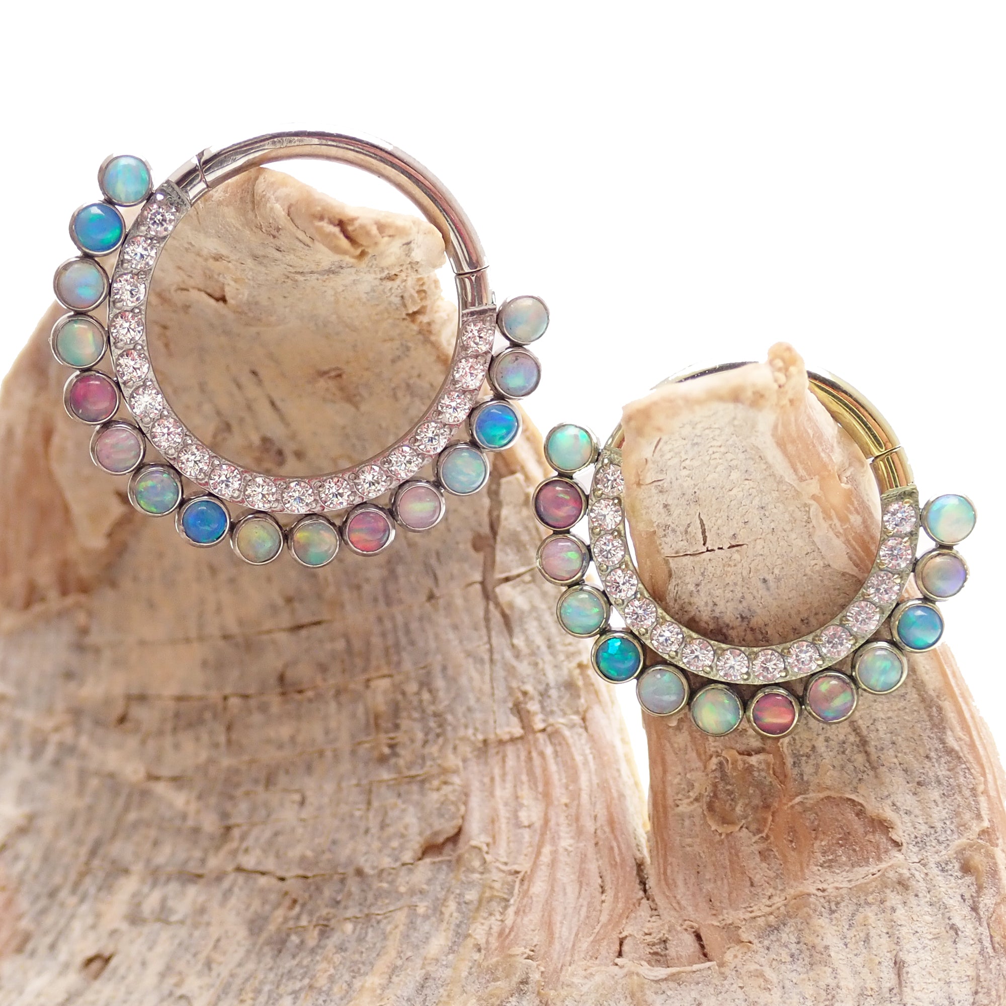Pastel multi-color opal and CZ titanium clicker earring in 16g body jewelry by Body Clickers with 8mm diameter.
