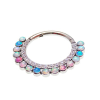 Pastel multi-color opal and CZ titanium clicker earring in 16g with 8mm size, featuring vibrant gemstones and sleek titanium design.