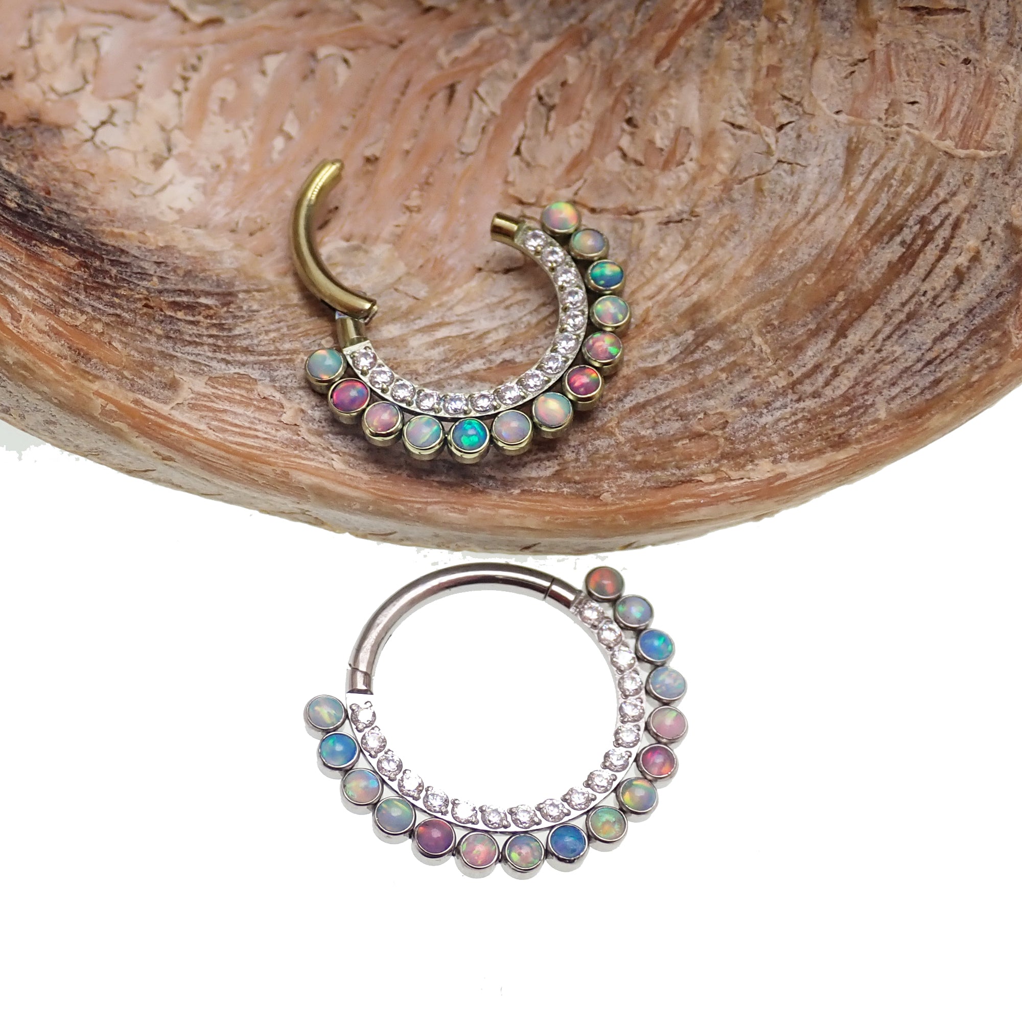 Pastel multi-color opal and CZ titanium clicker earring in 16g size, from Body Clickers, featuring vibrant gemstone accents and a sleek design.