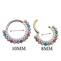Pastel multi-color opal and CZ titanium clicker earring in 16g size, body jewelry with vibrant gemstone accents and sleek design.