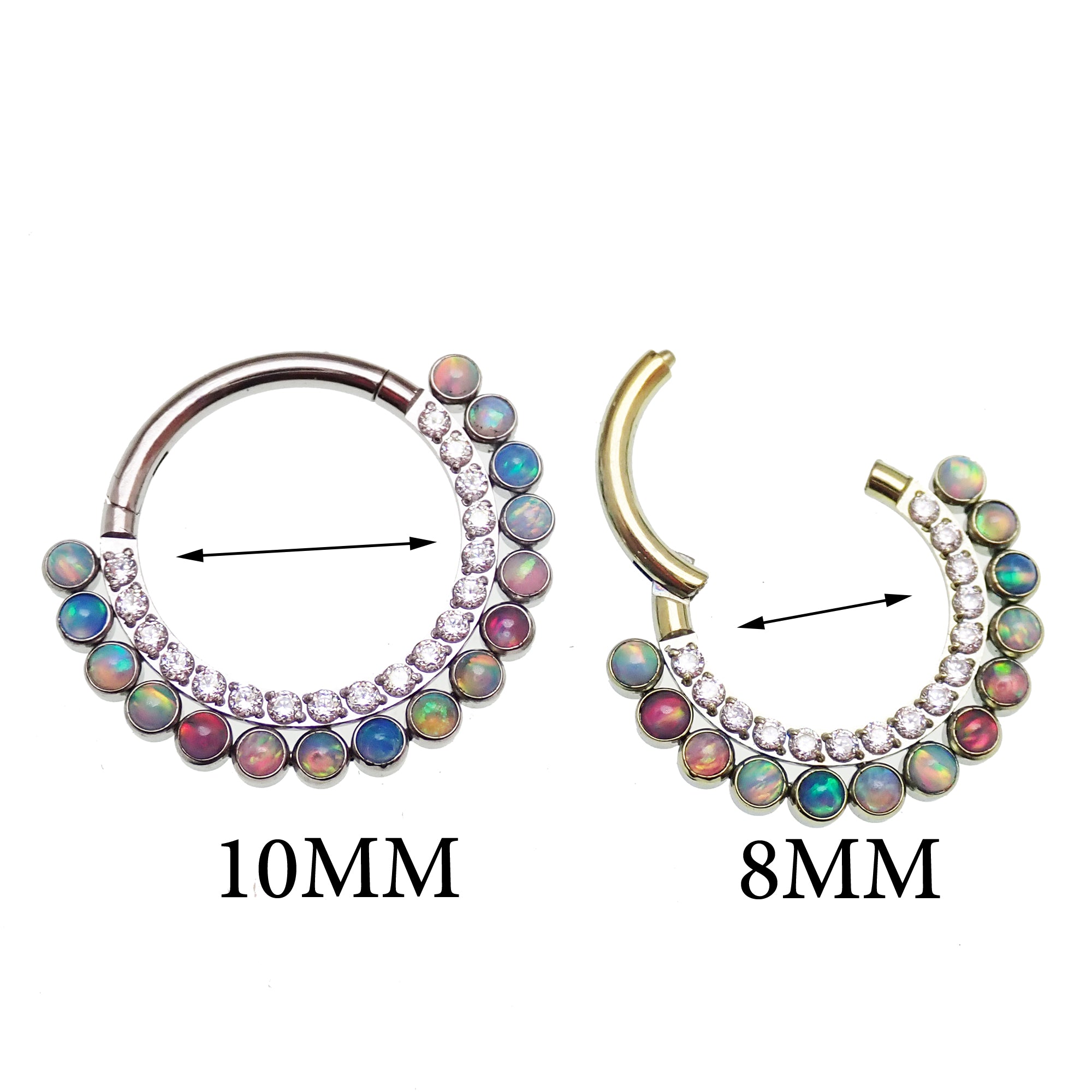Pastel multi-color opal and CZ titanium clicker earring in 16g size, body jewelry with vibrant gemstone accents and sleek design.