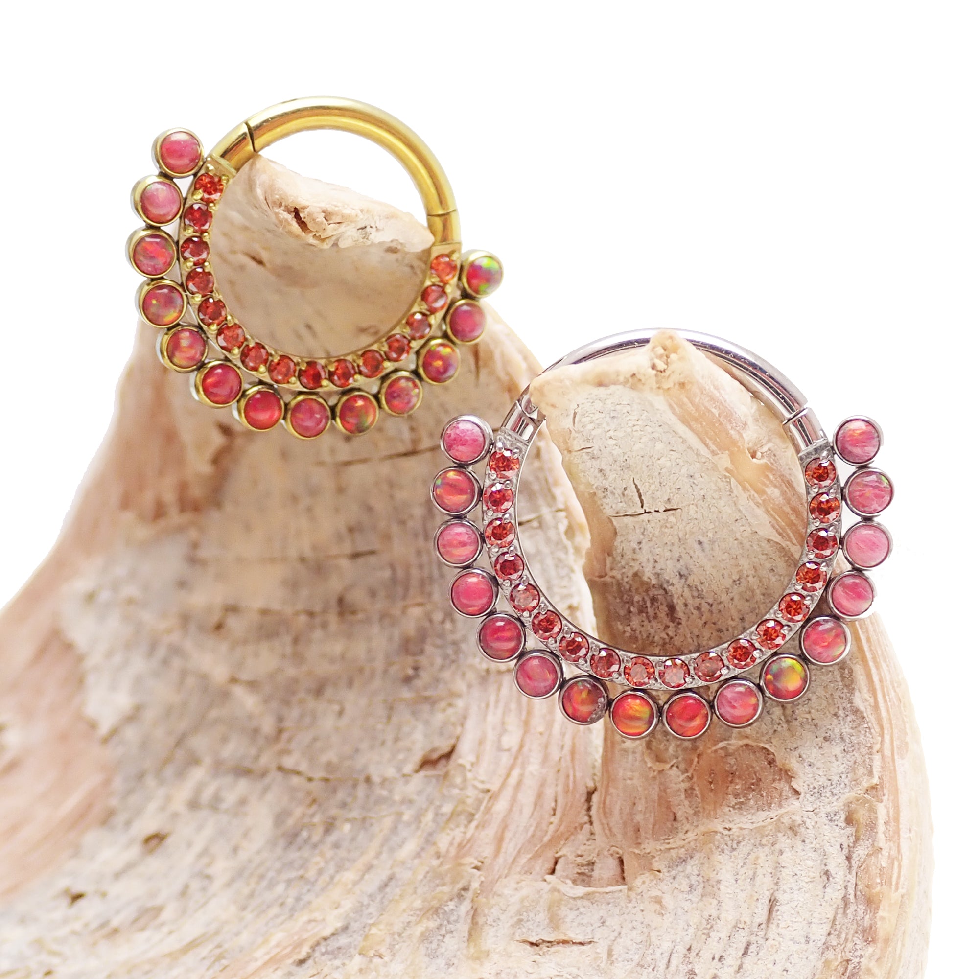 Red fire opal and CZ titanium clicker earring in 16g body jewelry with 8mm stones from Body Clickers.
