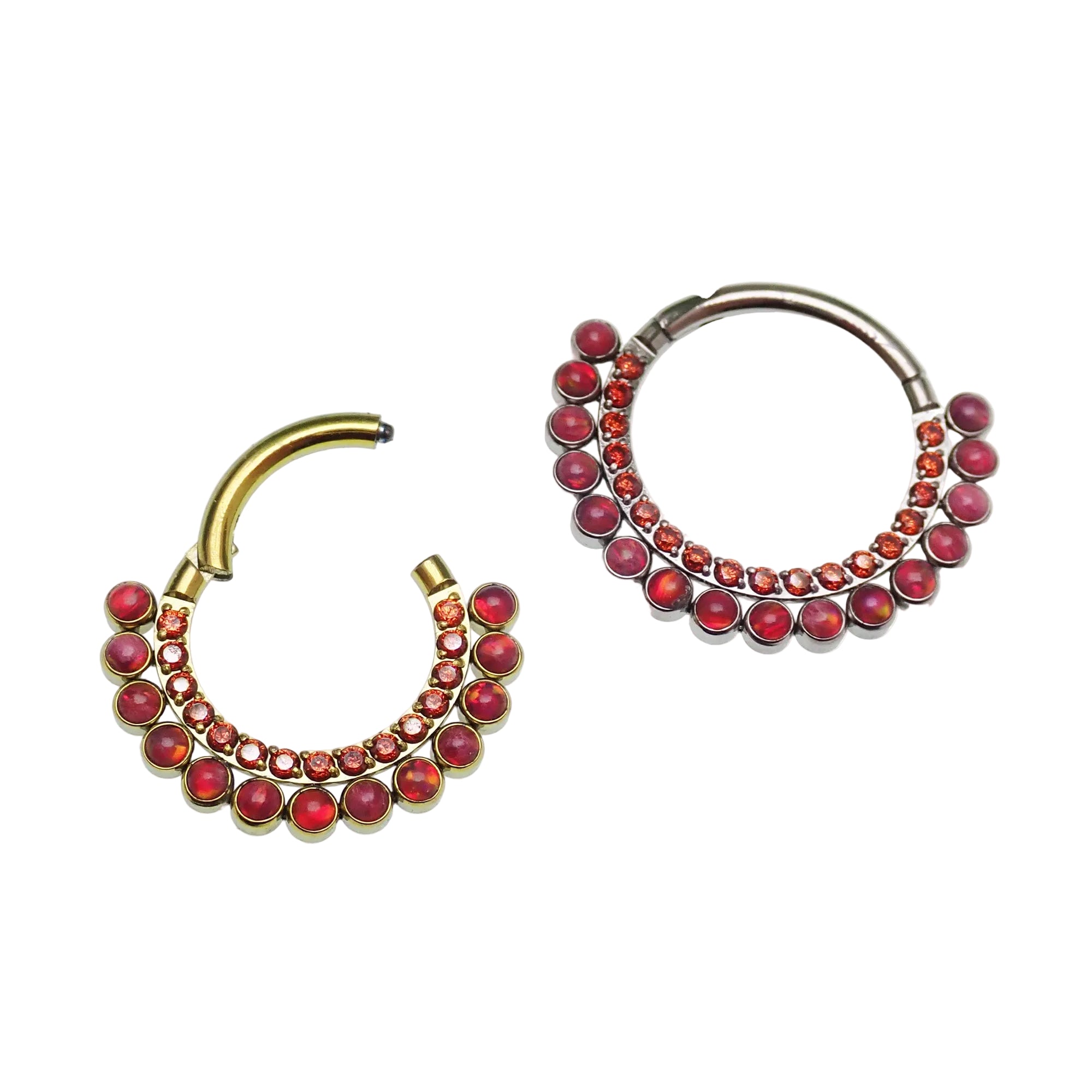 Red Fire Opals and CZ titanium clicker earring in 16g body jewelry with 8mm stones and secure clicker clasp.