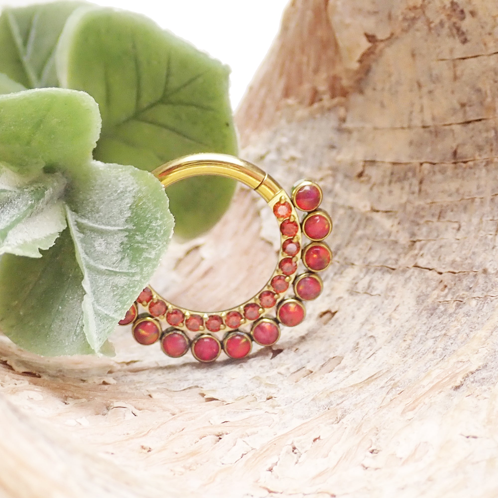 Red Fire Opals and CZ titanium clicker jewelry, 16g body piercing clicker with 8mm stones and modern design.