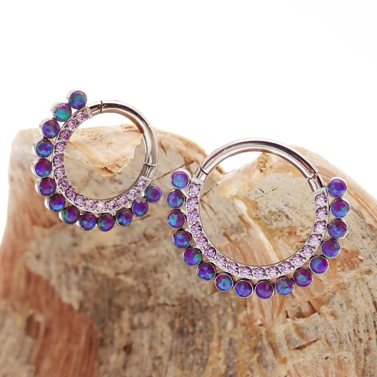 Sleepy Lavender Opal and Amethyst CZ titanium clicker 16g for body piercing by Body Clickers, showcasing the decorative jewelry.