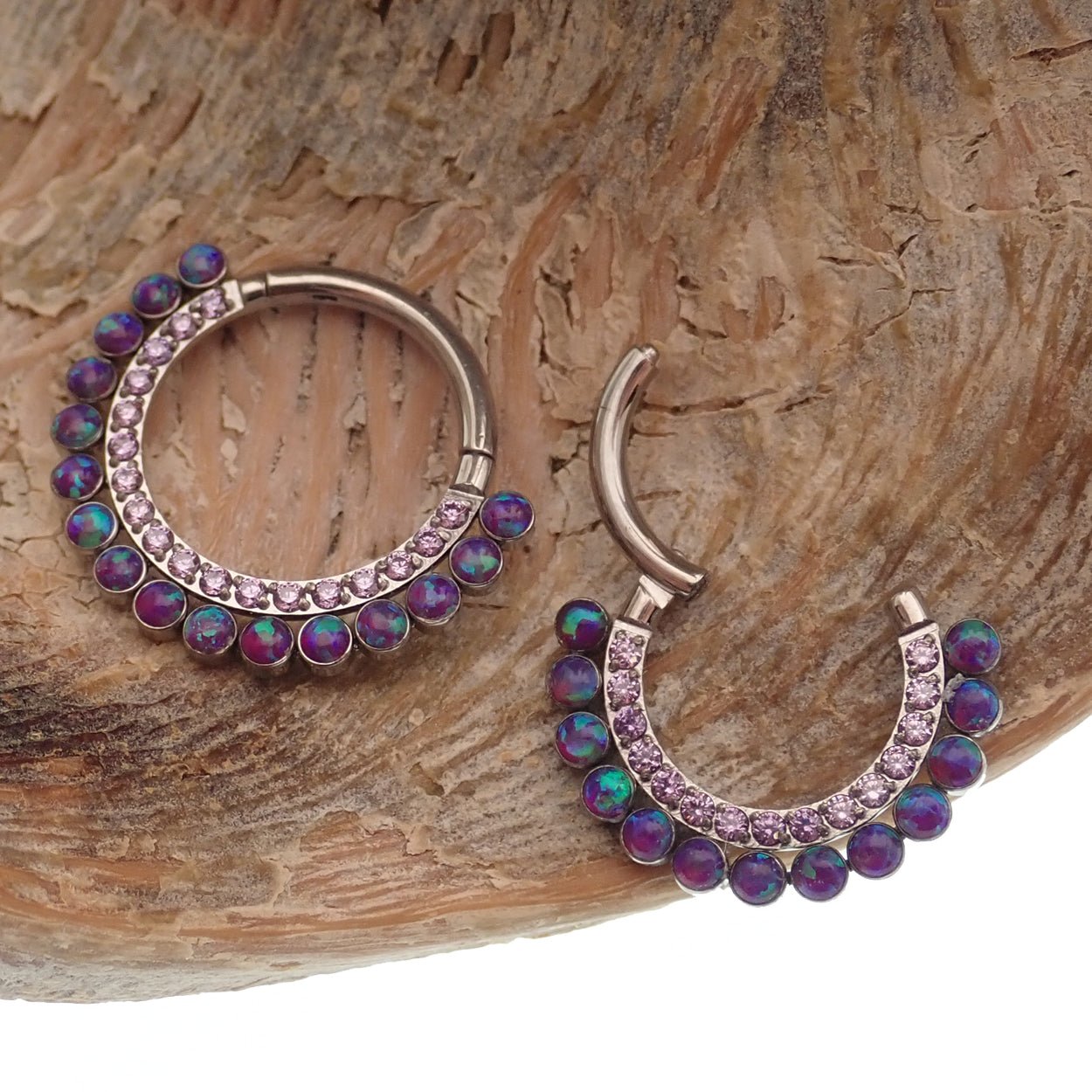 Sleepy Lavender Opal and Amethyst CZ titanium clicker earring for body piercing, 16g Body Clickers jewelry.