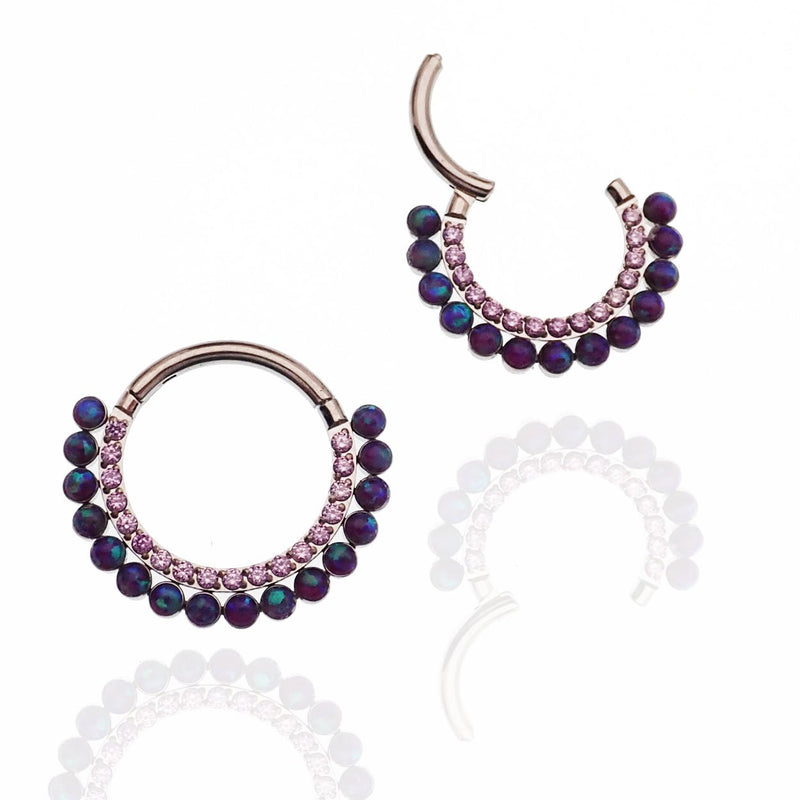 Sleepy Lavender Opal and Amethyst CZ titanium clicker piercing, 16g, with an 8mm body jewelry design by Body Clickers.