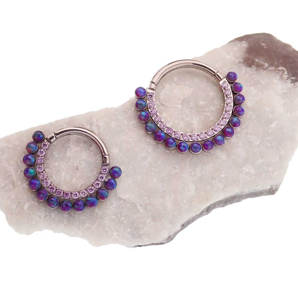 Sleepy Lavender Opal and Amethyst CZ titanium clicker piercing jewelry, 16g, from Body Clickers with 8mm size.
