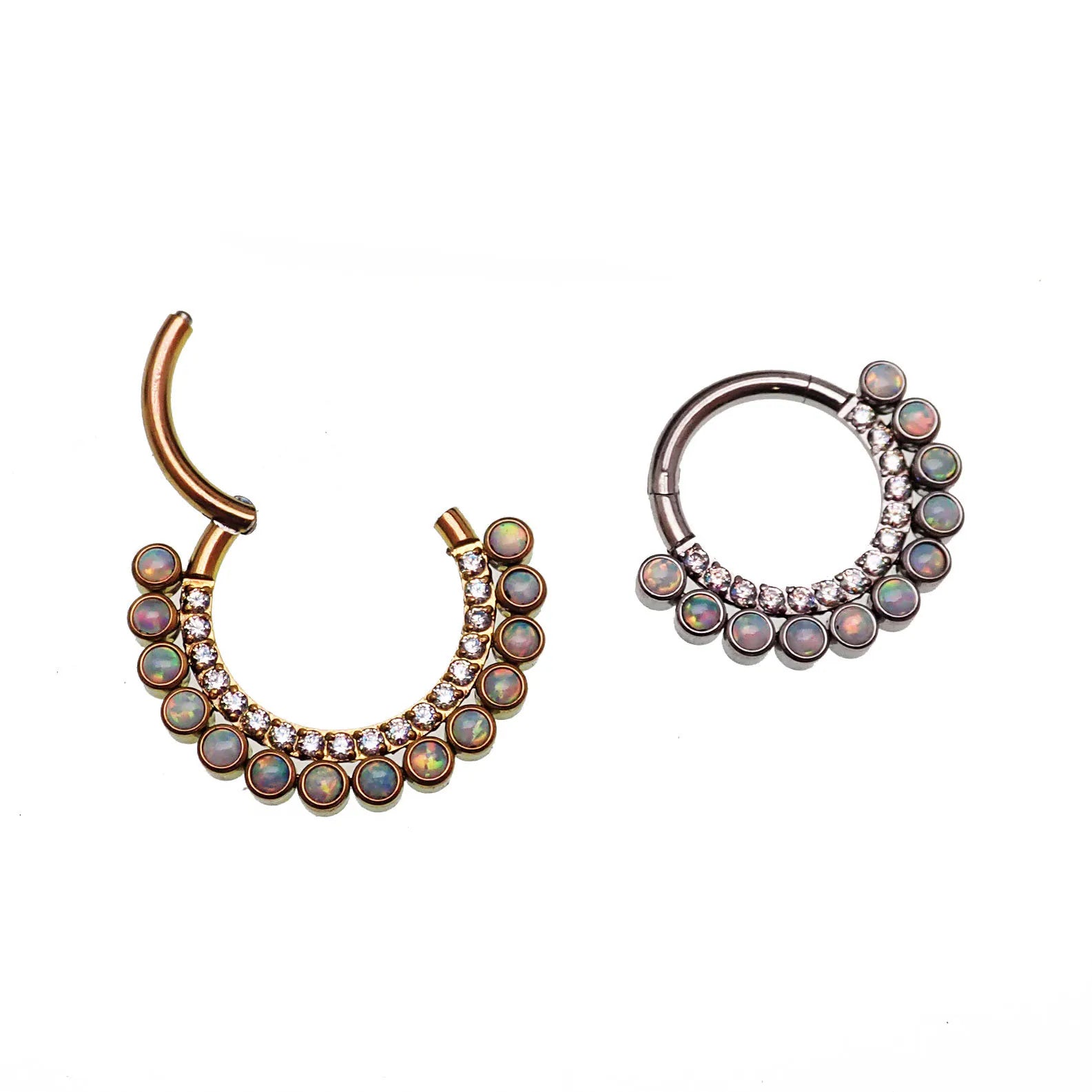 White opal and AB titanium clicker earring in 16g size with 8mm diameter, by Body Clickers.