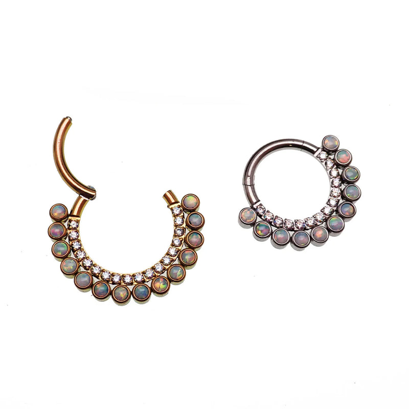 White opal and AB titanium clicker earring in 16g size with 8mm diameter, by Body Clickers.