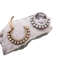 White opal and clear CZ titanium clicker jewelry in 16g gauge, featuring an 8mm diameter for body piercing.