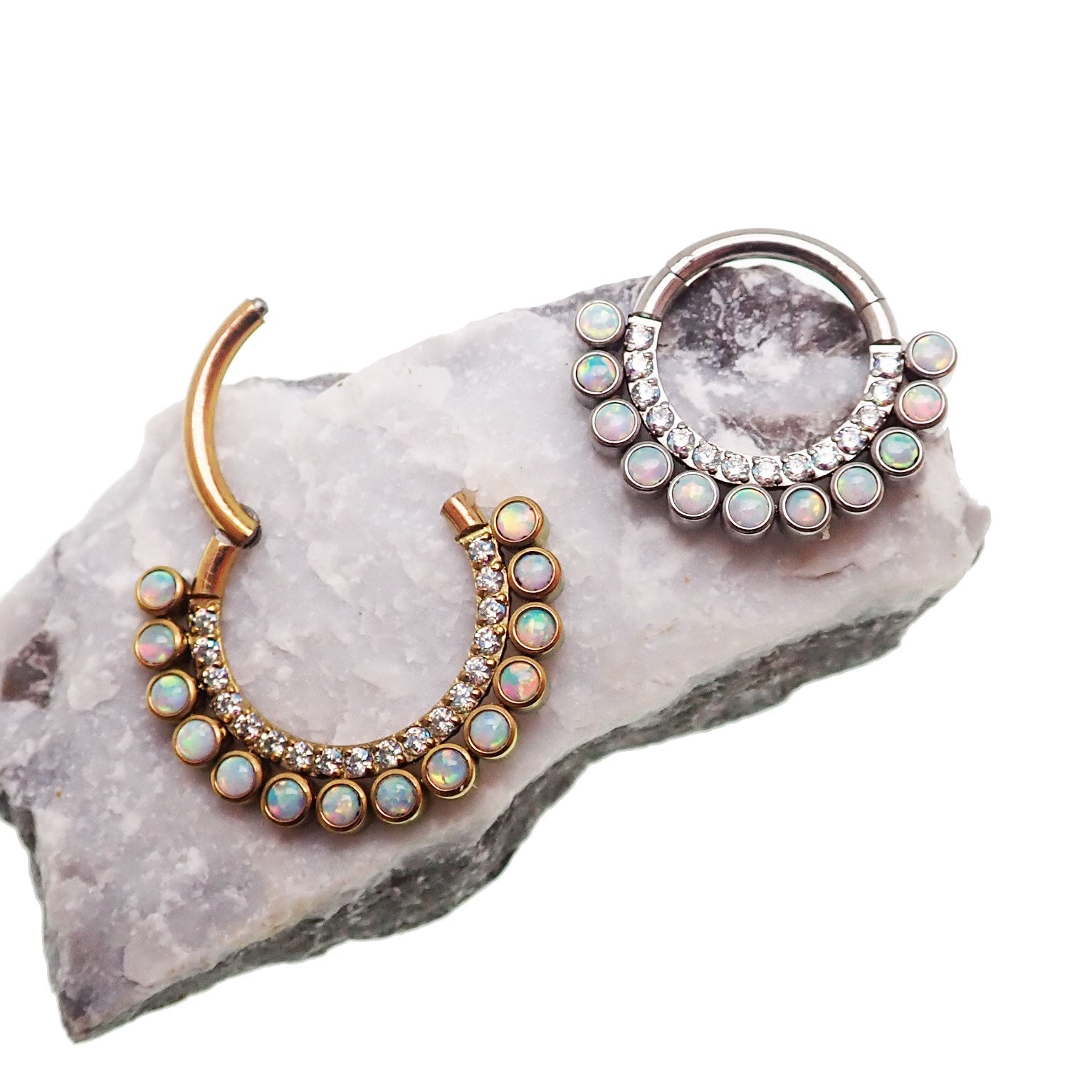 White opal and clear CZ titanium clicker jewelry in 16g gauge, featuring an 8mm diameter for body piercing.