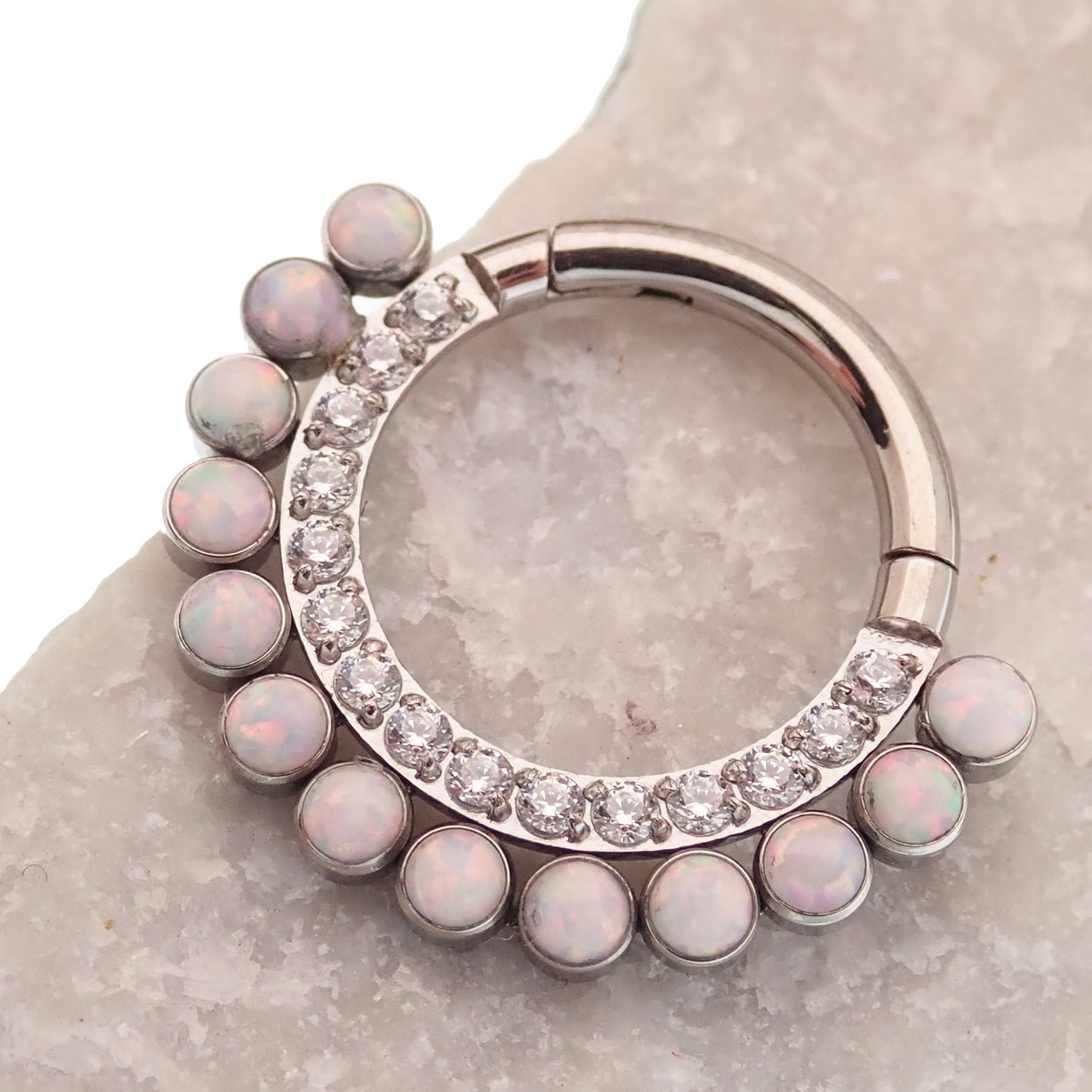 White opal and clear CZ titanium clicker earring, 16g body jewelry with an 8mm design for piercing.