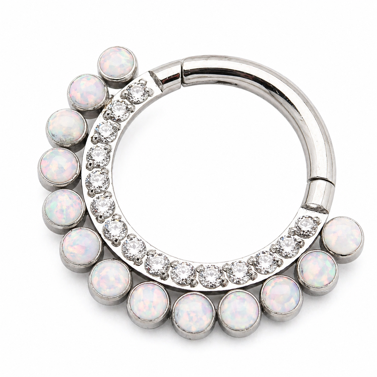 White opal and clear CZ titanium clicker earring in 16g body jewelry with an 8mm diameter.