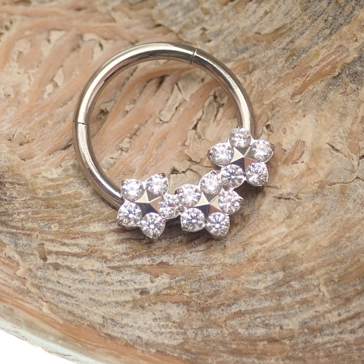 Flower titanium hinged 10mm clicker earrings in 16g from Body Clickers, showing the jewelry's floral design and sleek metal finish.
