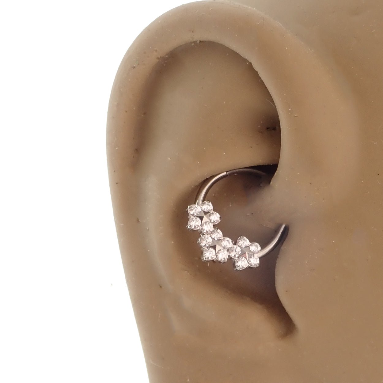 Flower titanium hinged 10mm clicker with 16g gauge from Body Clickers, featuring a detailed flower design for body jewelry.